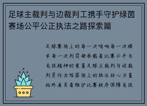 足球主裁判与边裁判工携手守护绿茵赛场公平公正执法之路探索篇